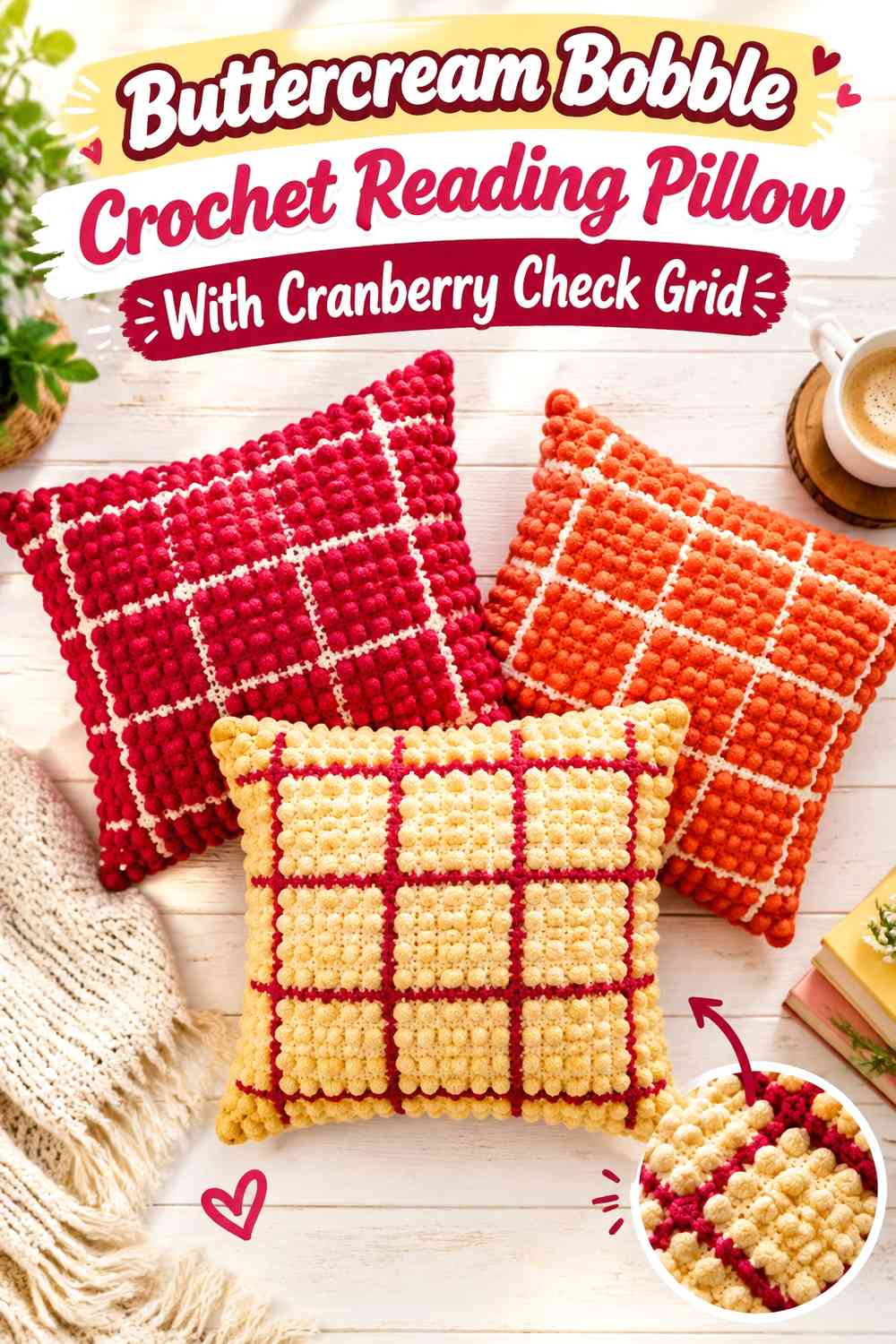 Buttercream Bobble Crochet Reading Pillow With Cranberry Check Grid