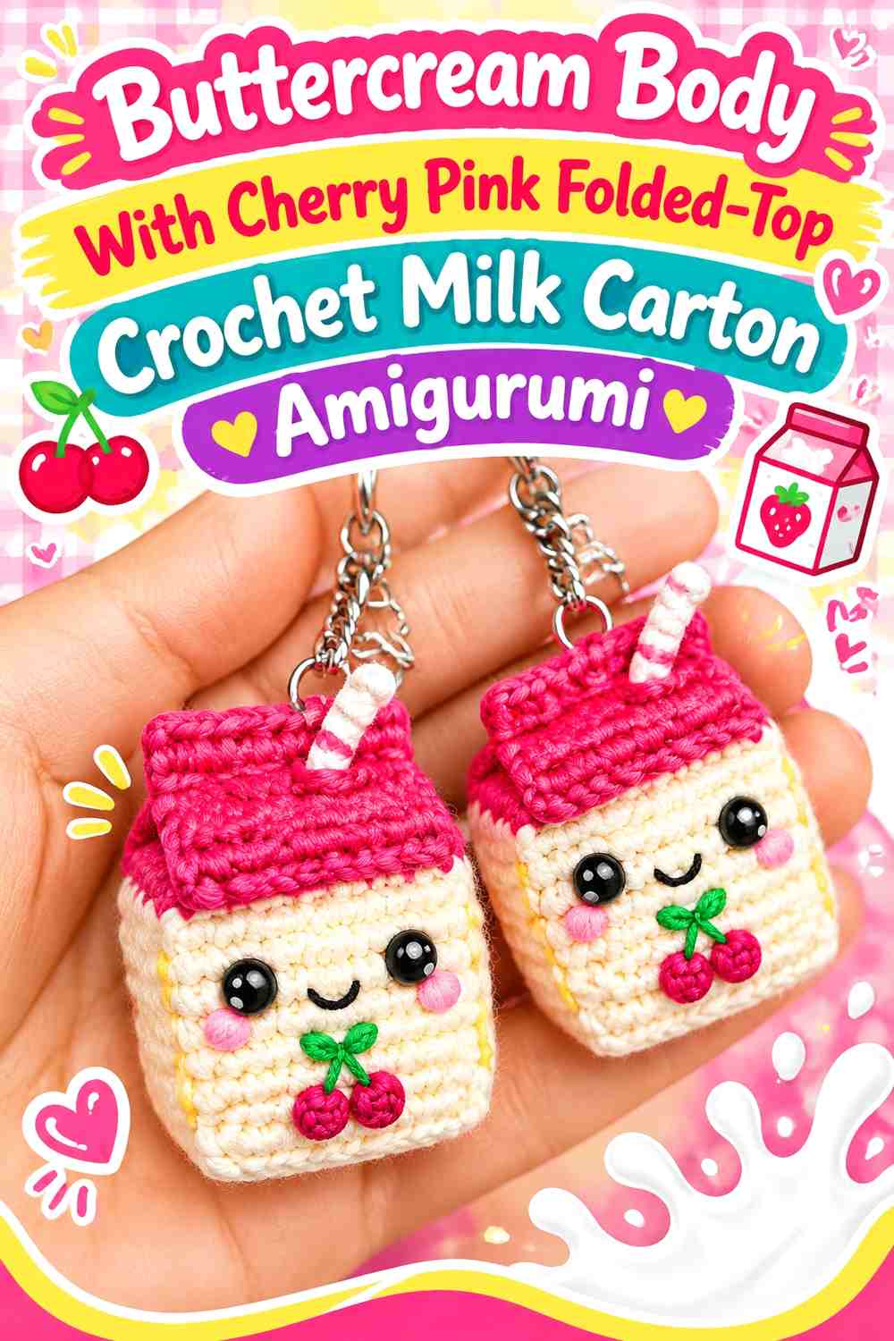 Buttercream Body With Cherry Pink Folded-Top Crochet Milk Carton Amigurumi