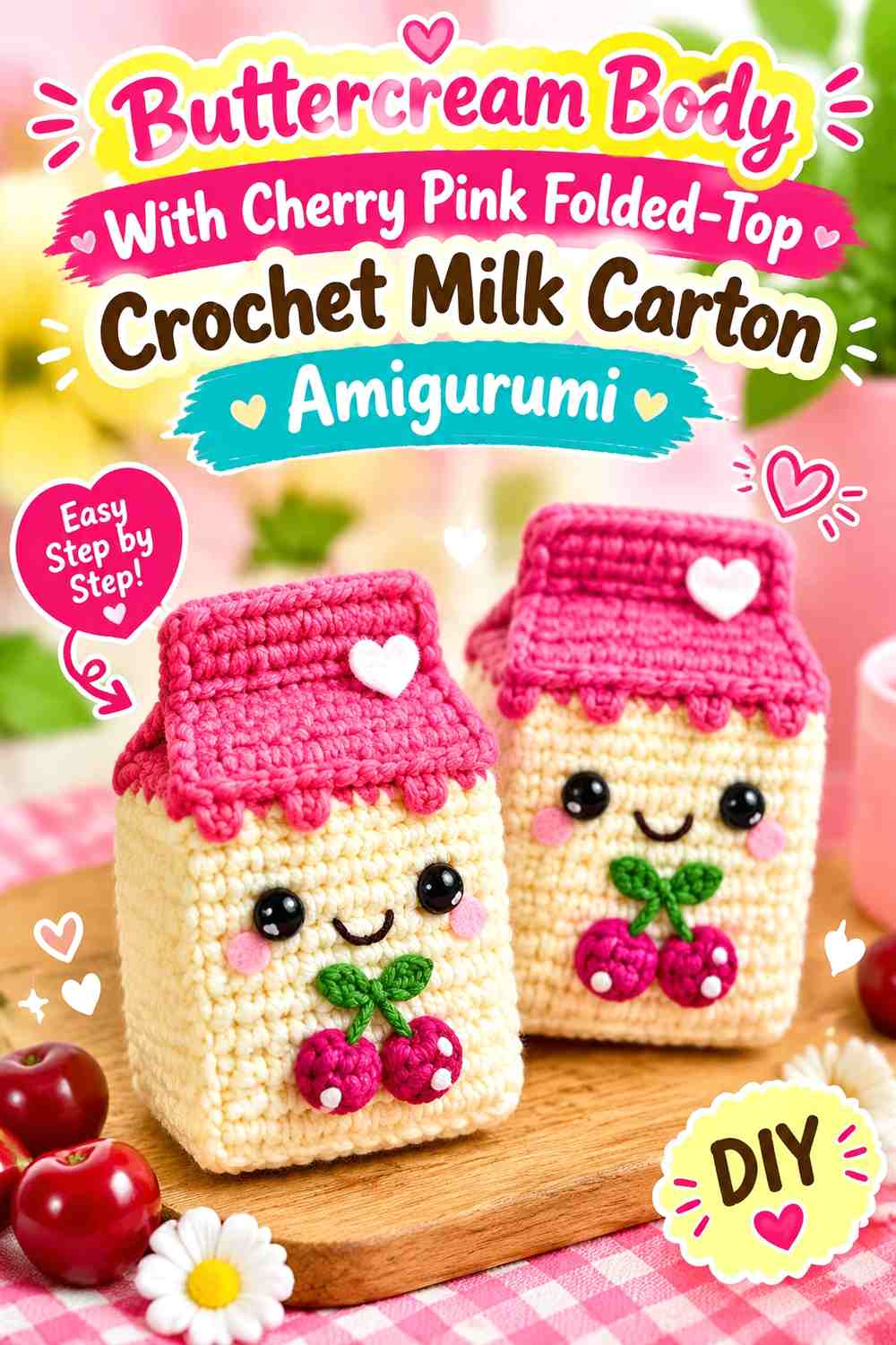 Buttercream Body With Cherry Pink Folded-Top Crochet Milk Carton Amigurumi