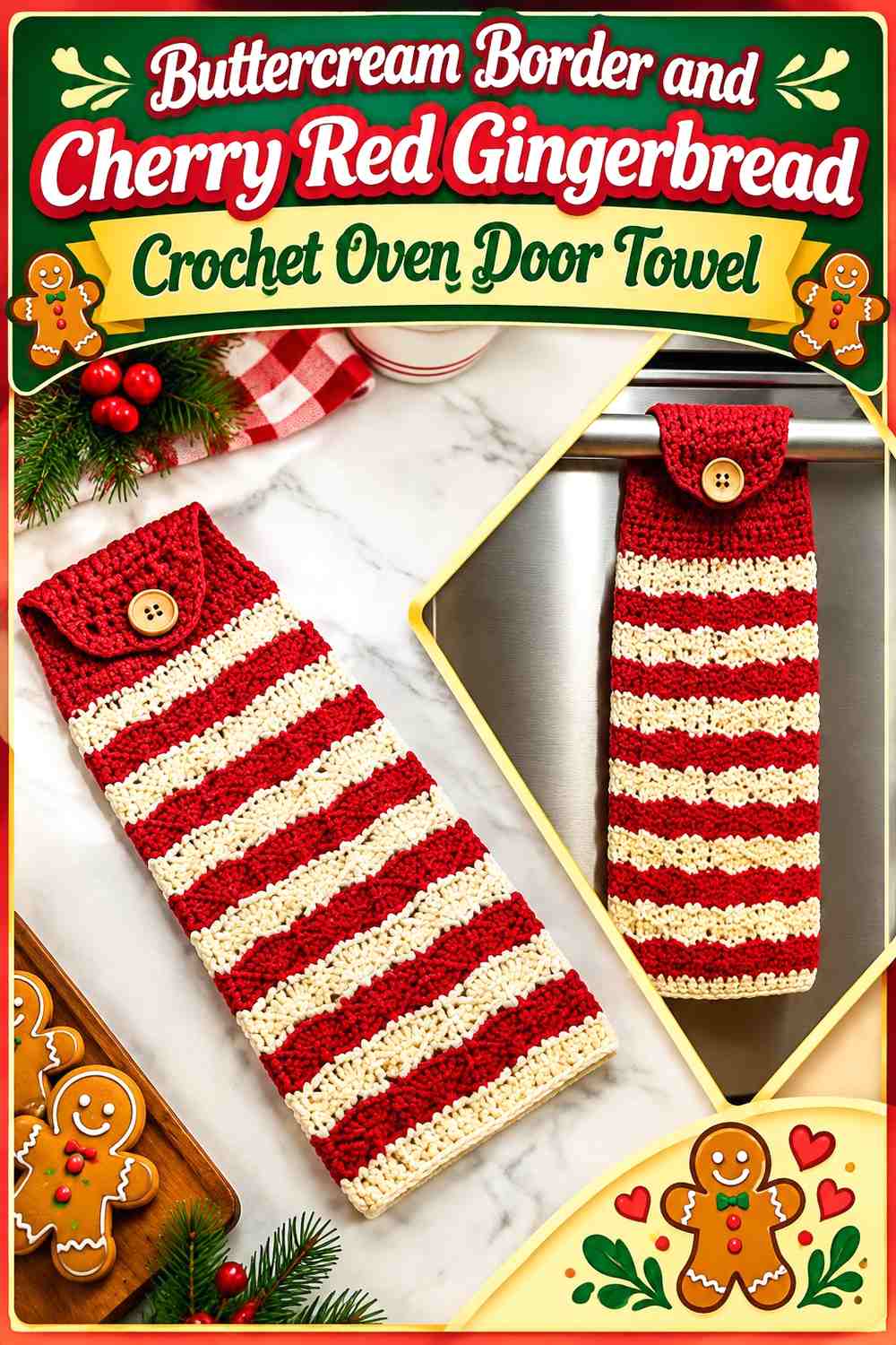 Buttercream Border and Cherry Red Gingerbread Crochet Oven Door Towel