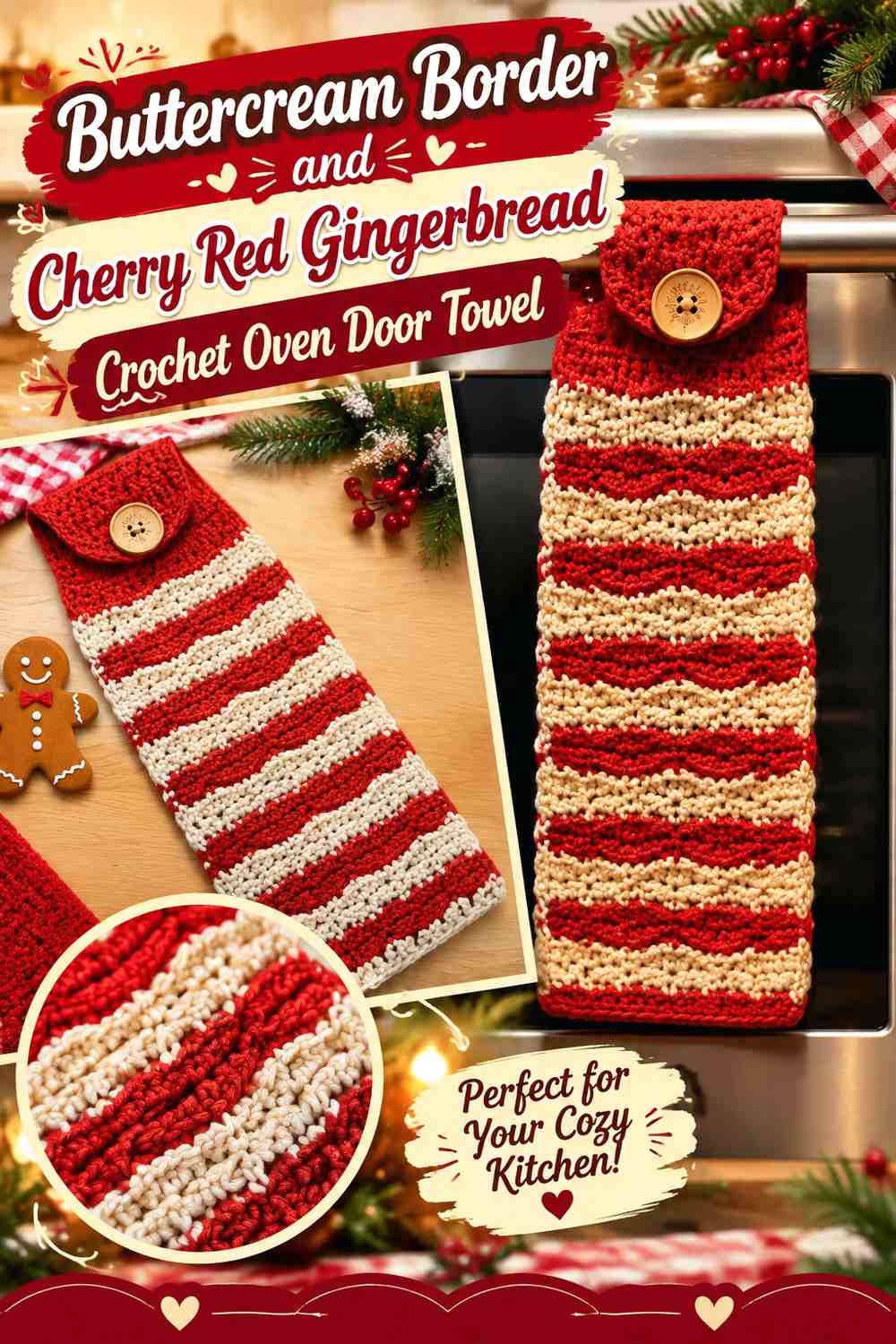 Buttercream Border and Cherry Red Gingerbread Crochet Oven Door Towel
