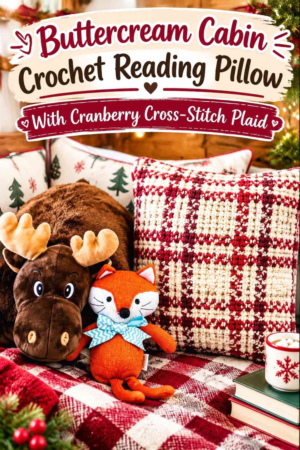 Buttercream Cabin Crochet Reading Pillow With Cranberry Cross-Stitch Plaid