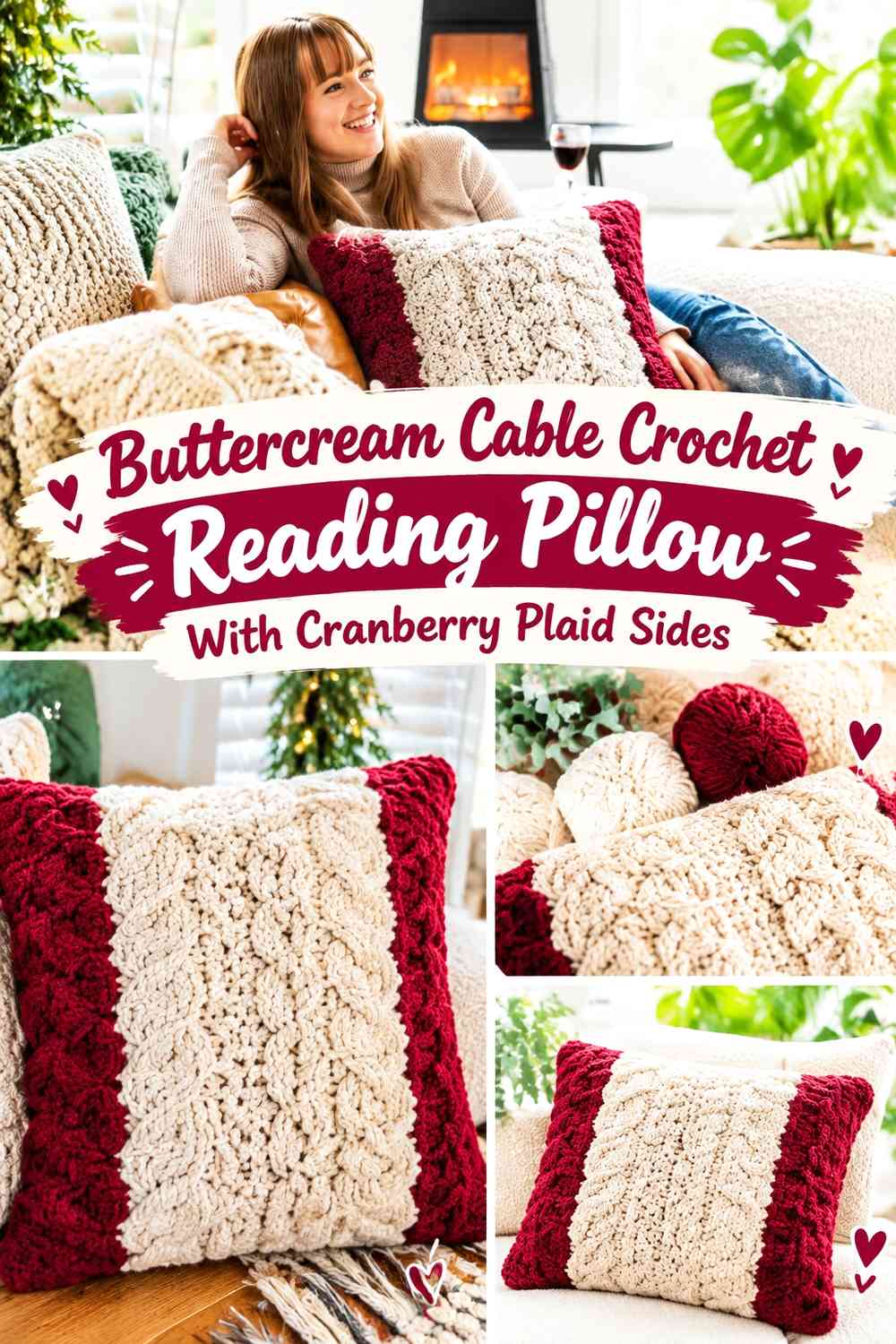Buttercream Cable Crochet Reading Pillow With Cranberry Plaid Sides