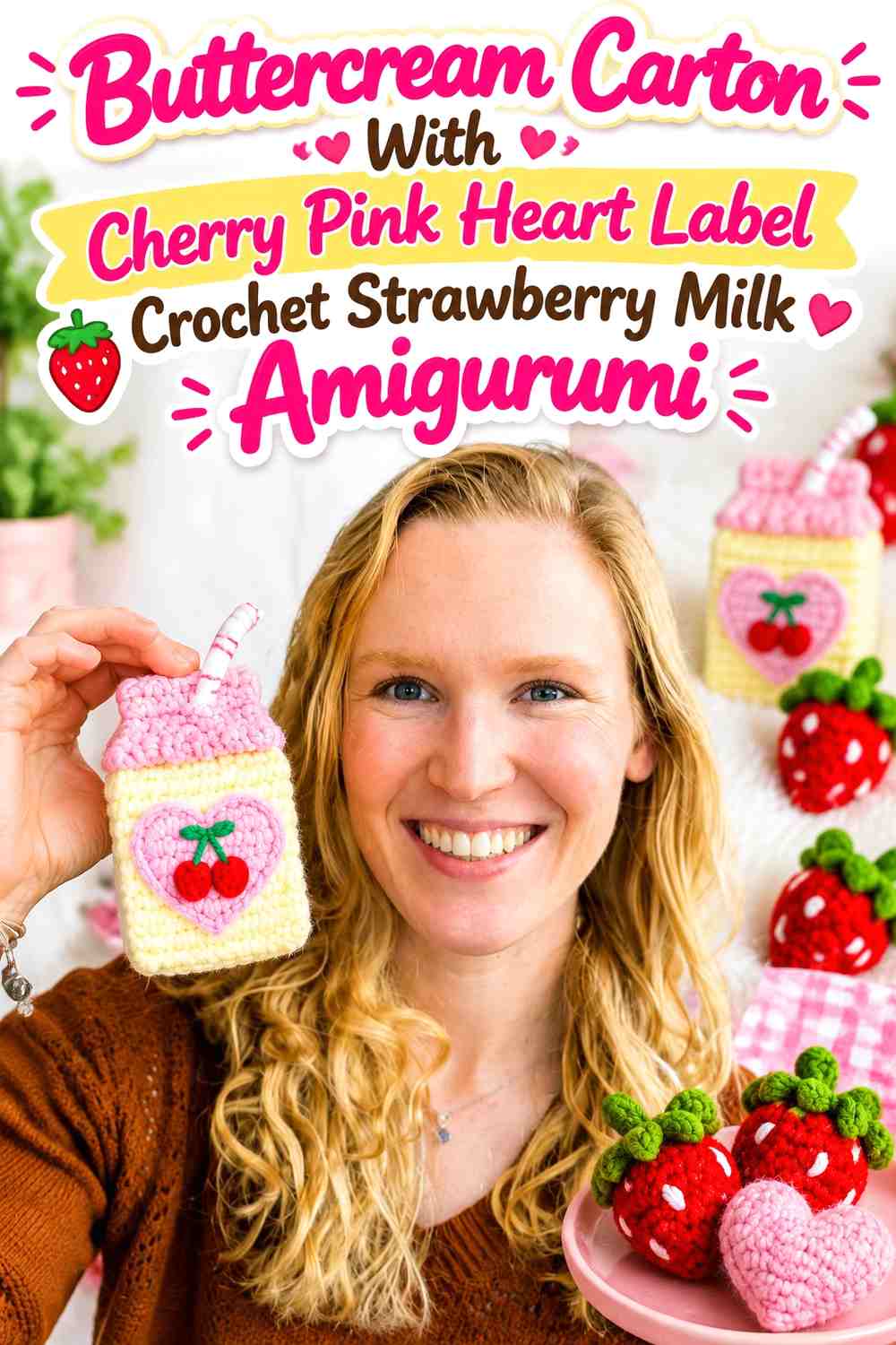 Buttercream Carton With Cherry Pink Heart Label Crochet Strawberry Milk Amigurumi