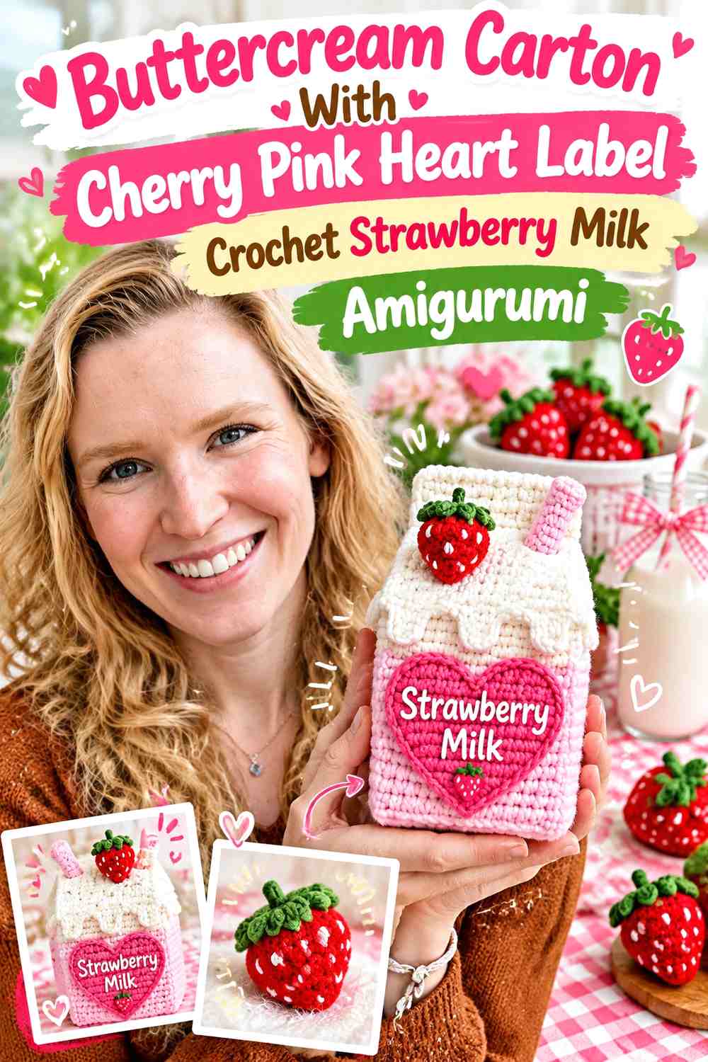 Buttercream Carton With Cherry Pink Heart Label Crochet Strawberry Milk Amigurumi