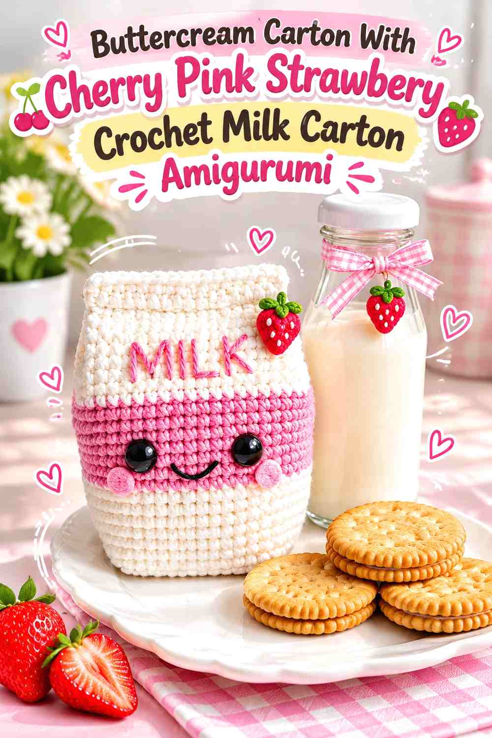 Buttercream Carton With Cherry Pink Strawberry Crochet Milk Carton Amigurumi