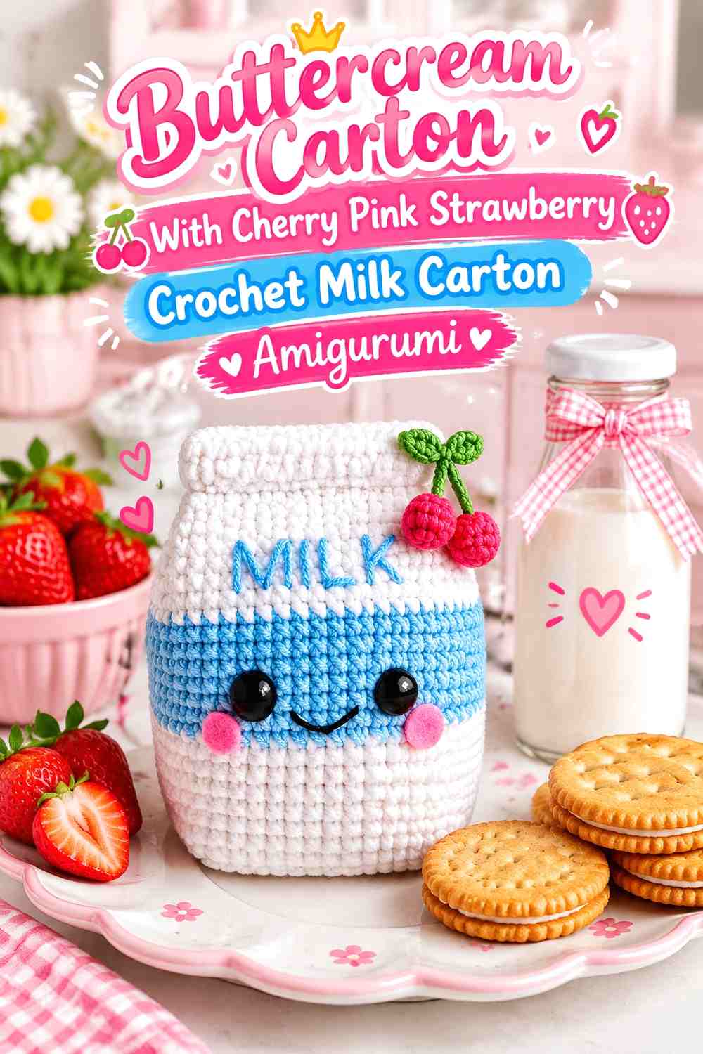 Buttercream Carton With Cherry Pink Strawberry Crochet Milk Carton Amigurumi