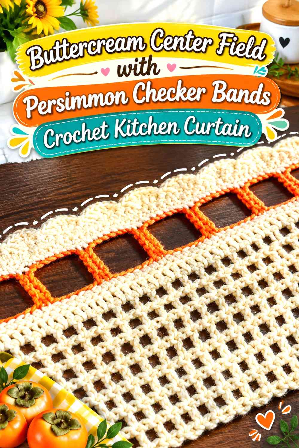 Buttercream Center Field with Persimmon Checker Bands Crochet Kitchen Curtain