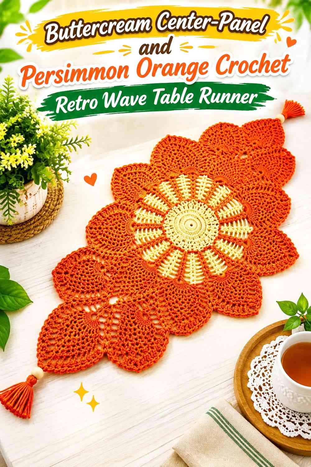 Buttercream Center-Panel and Persimmon Orange Crochet Retro Wave Table Runner