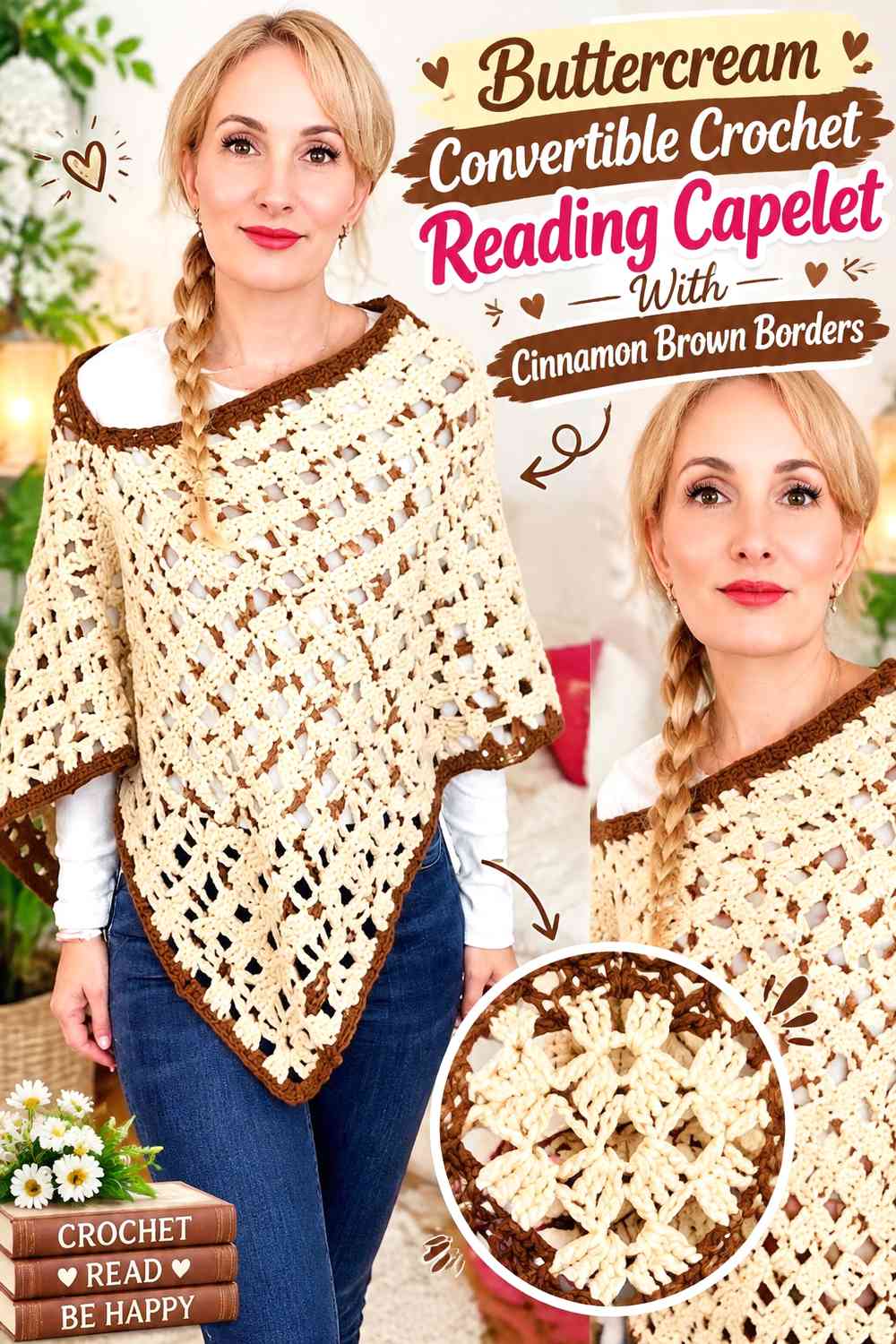 Buttercream Convertible Crochet Reading Capelet With Cinnamon Brown Borders