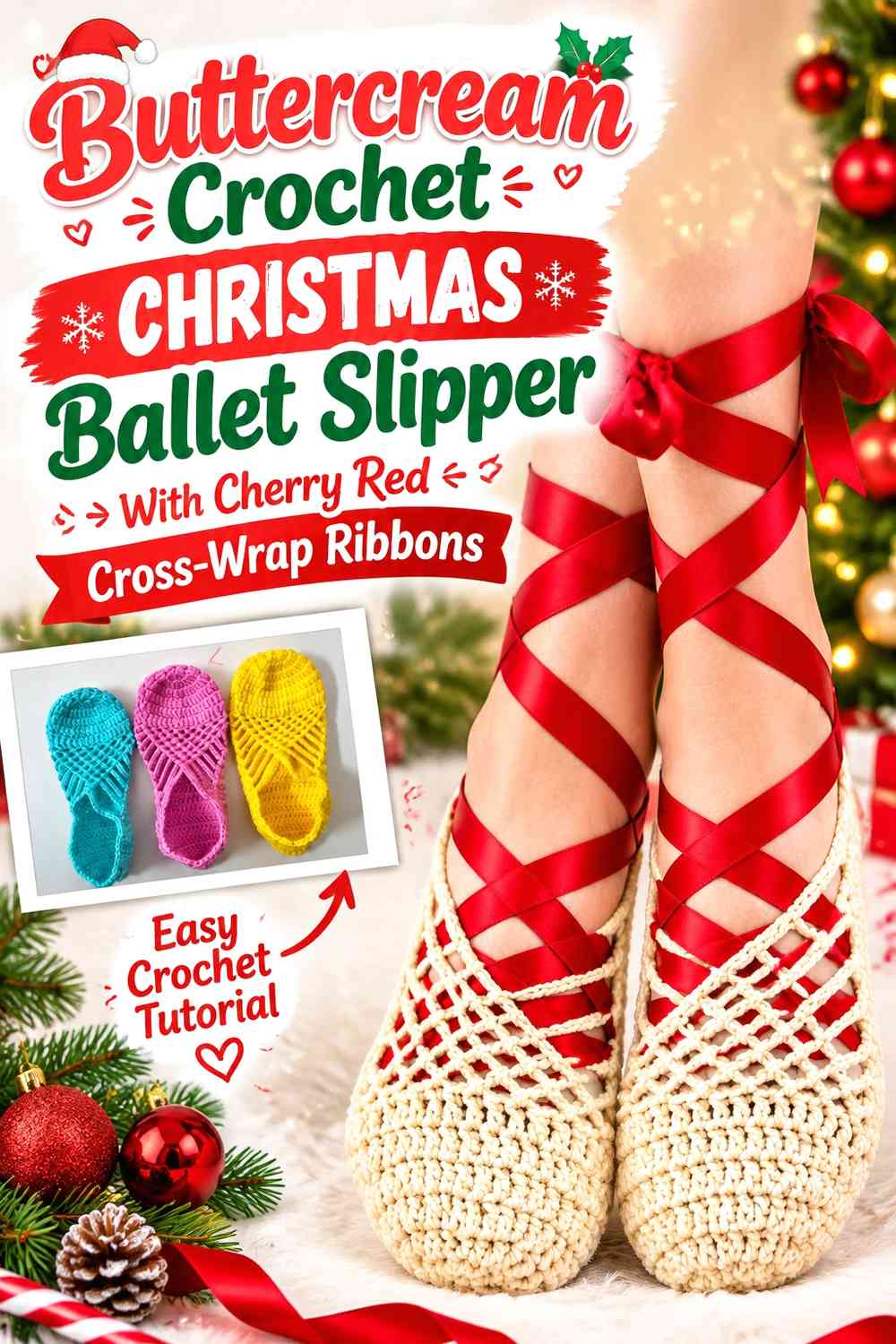 Buttercream Crochet Christmas Ballet Slipper With Cherry Red Cross-Wrap Ribbons