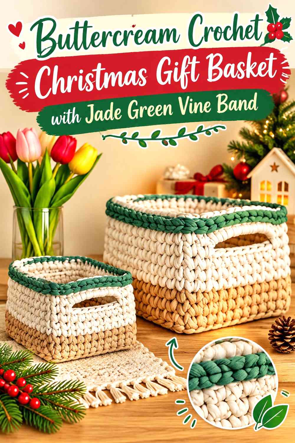 Buttercream Crochet Christmas Gift Basket with Jade Green Vine Band