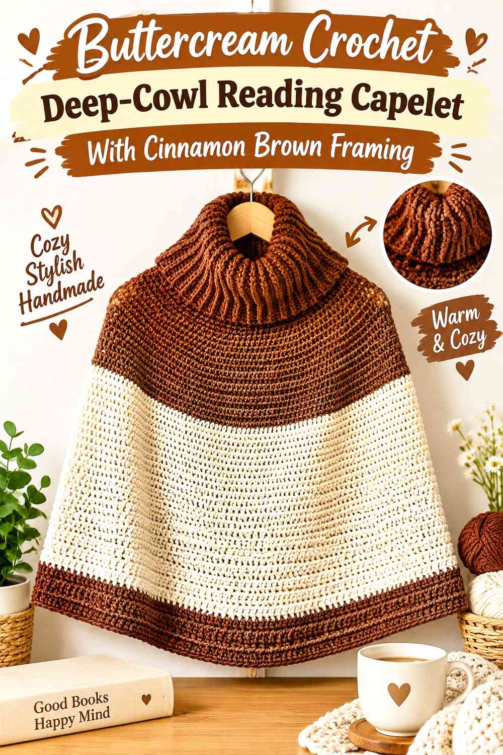 Buttercream Crochet Deep-Cowl Reading Capelet With Cinnamon Brown Framing