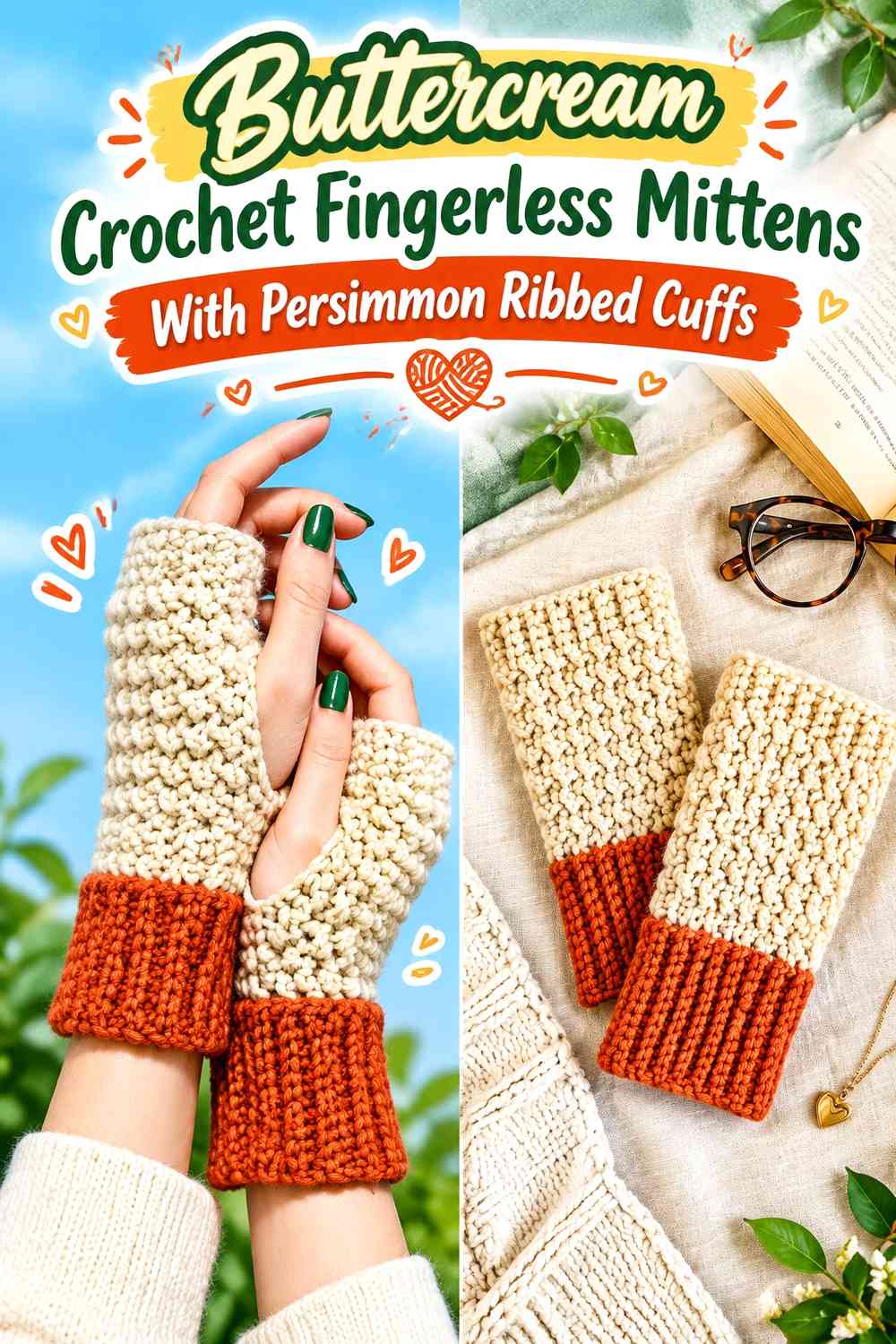 Buttercream Crochet Fingerless Mittens With Persimmon Ribbed Cuffs