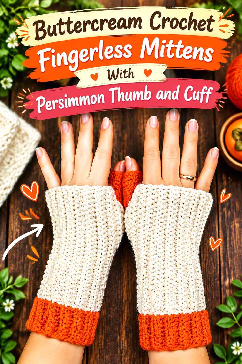 Buttercream Crochet Fingerless Mittens With Persimmon Thumb and Cuff