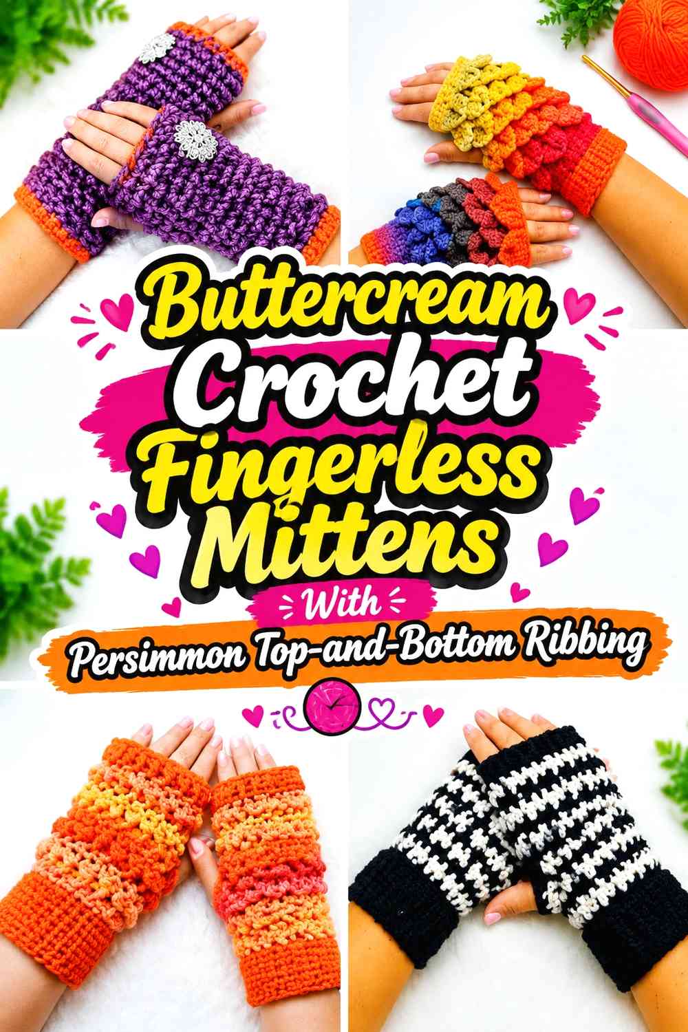 Buttercream Crochet Fingerless Mittens With Persimmon Top-and-Bottom Ribbing