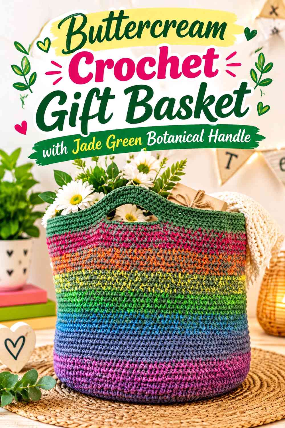 Buttercream Crochet Gift Basket with Jade Green Botanical Handle