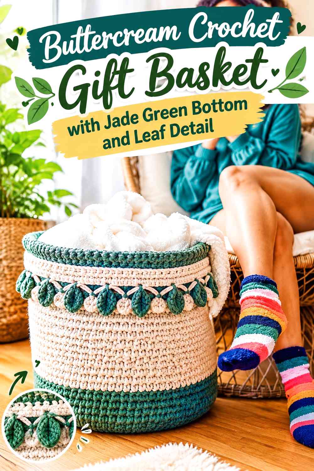 Buttercream Crochet Gift Basket with Jade Green Bottom and Leaf Detail