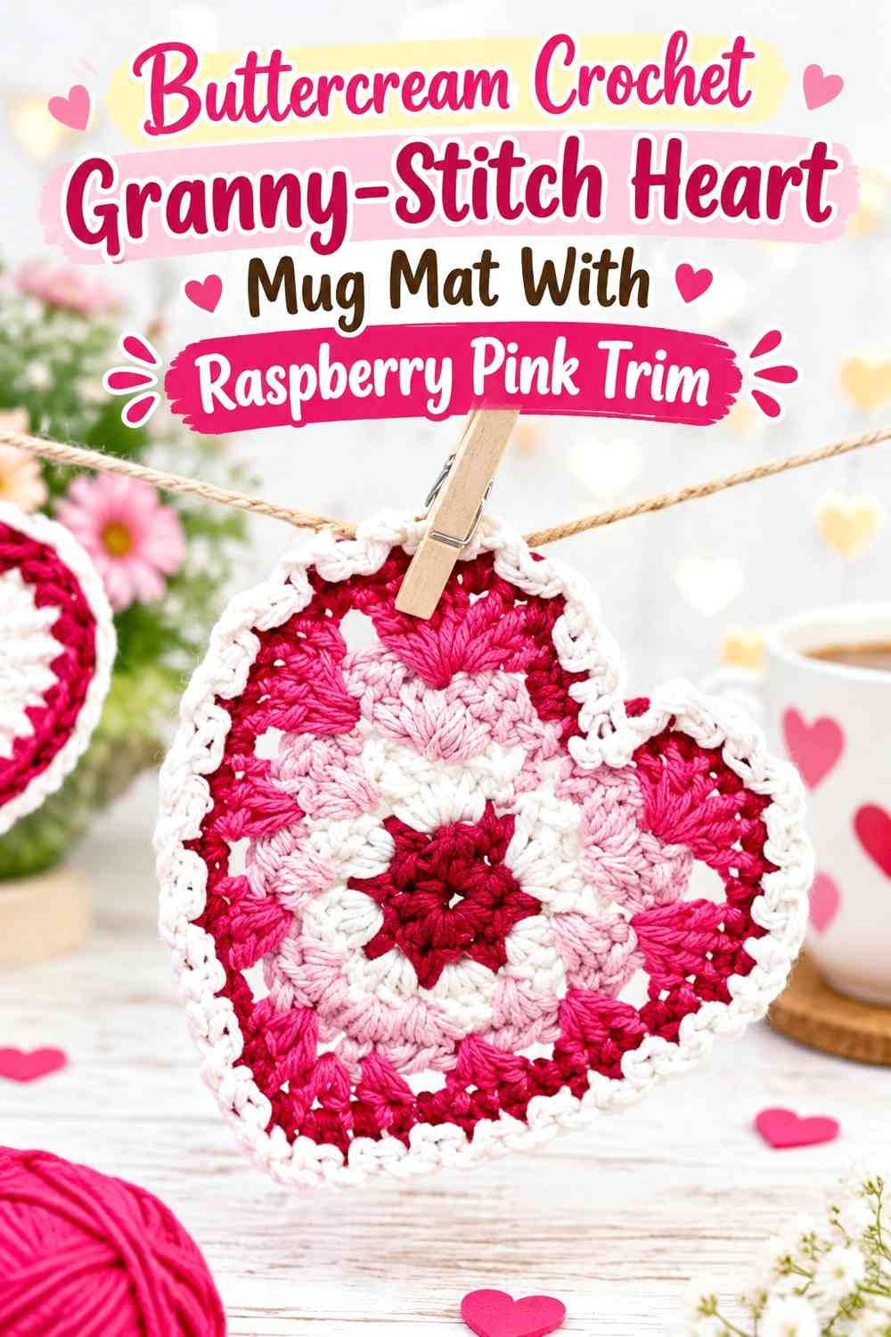 Buttercream Crochet Granny-Stitch Heart Mug Mat With Raspberry Pink Trim