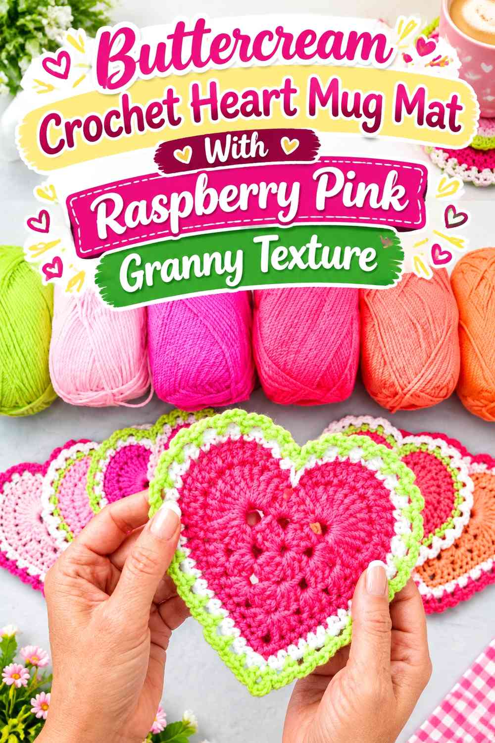 Buttercream Crochet Heart Mug Mat With Raspberry Pink Granny Texture