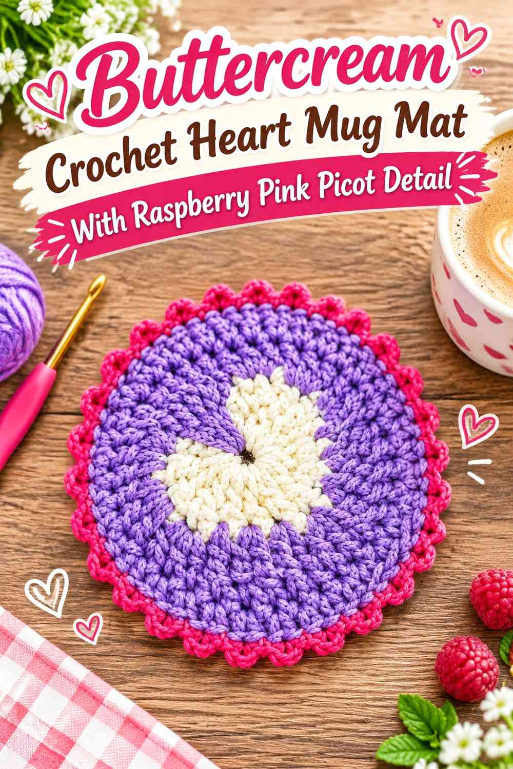 Buttercream Crochet Heart Mug Mat With Raspberry Pink Picot Detail