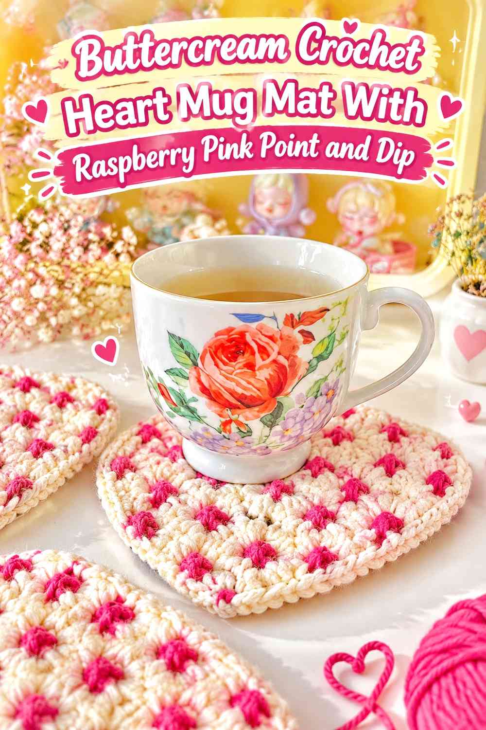 Buttercream Crochet Heart Mug Mat With Raspberry Pink Point and Dip