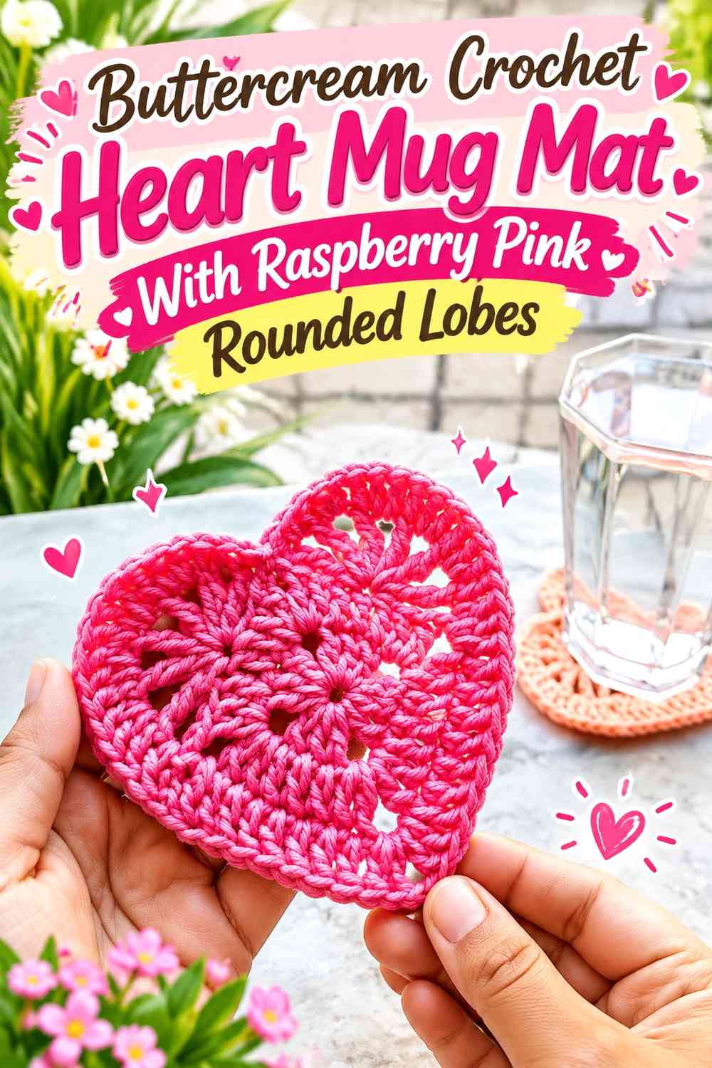 Buttercream Crochet Heart Mug Mat With Raspberry Pink Rounded Lobes