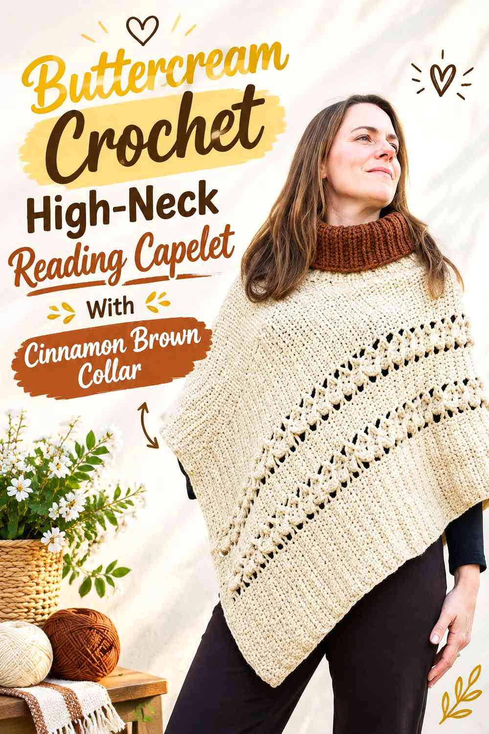 Buttercream Crochet High-Neck Reading Capelet With Cinnamon Brown Collar