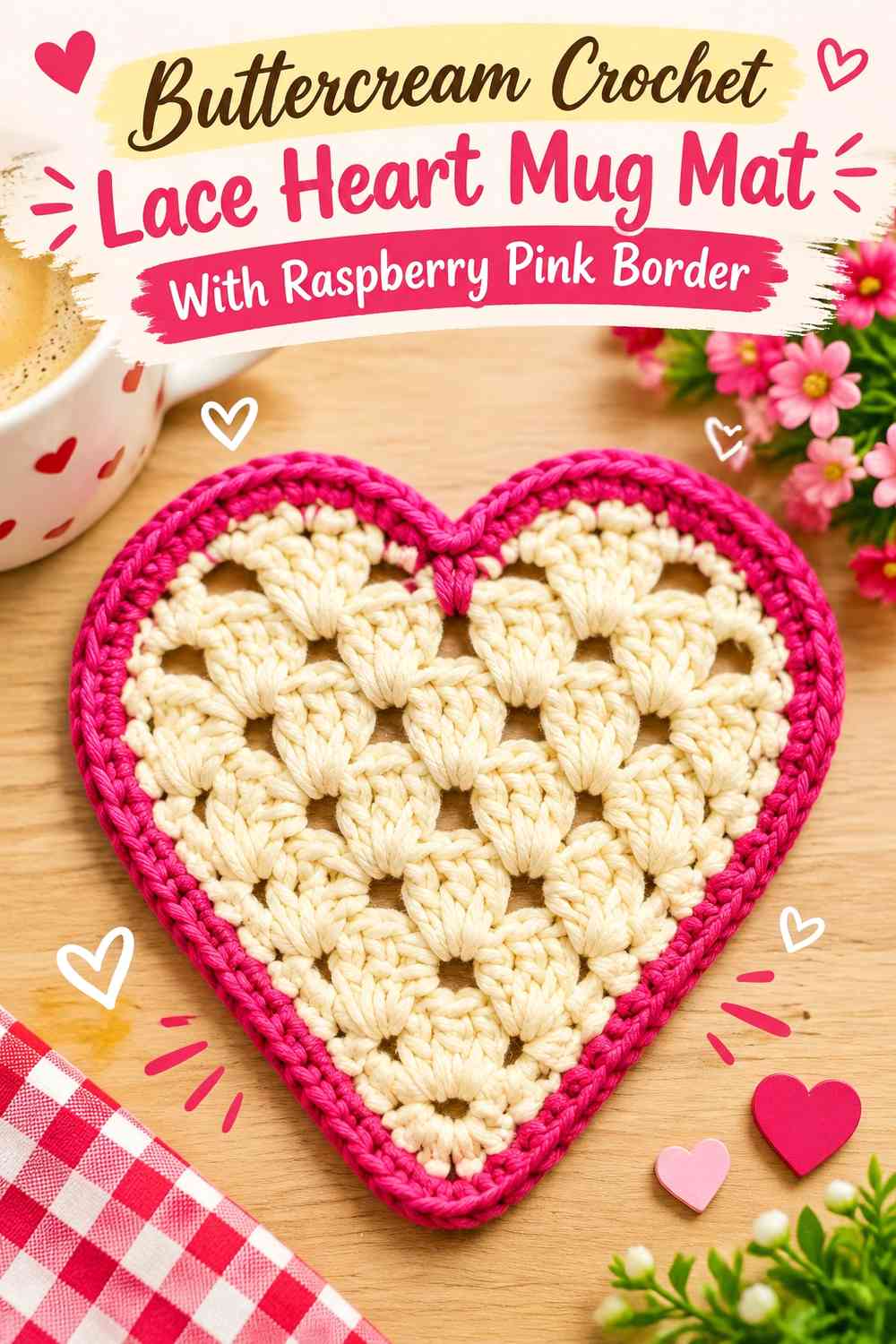 Buttercream Crochet Lace Heart Mug Mat With Raspberry Pink Border