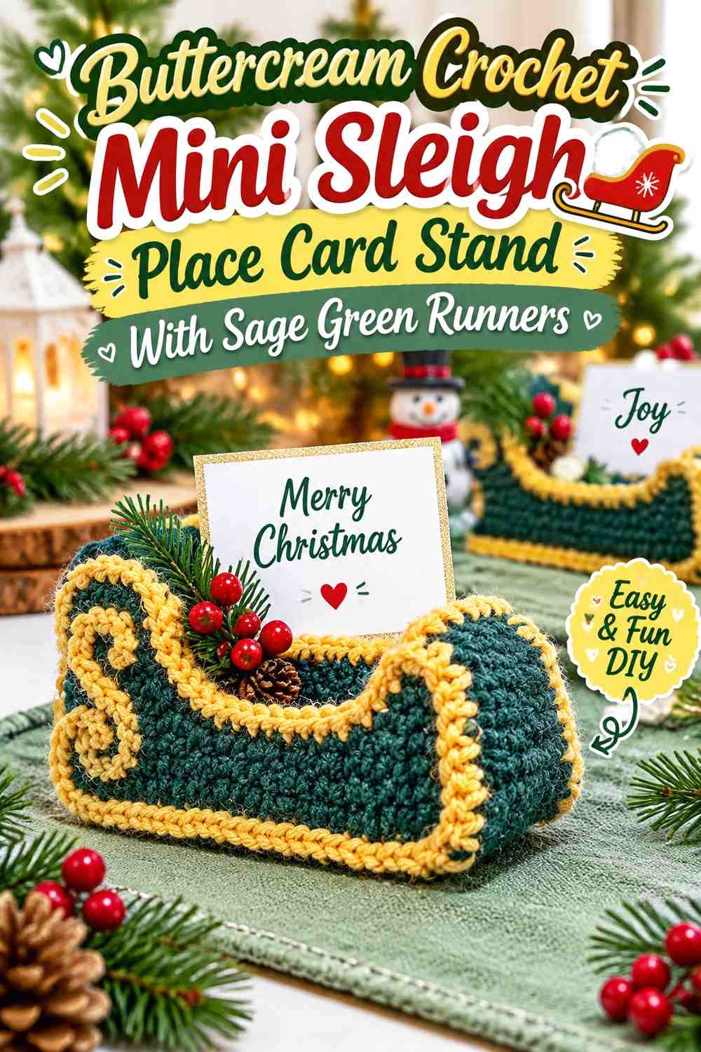 Buttercream Crochet Mini Sleigh Place Card Stand With Sage Green Runners