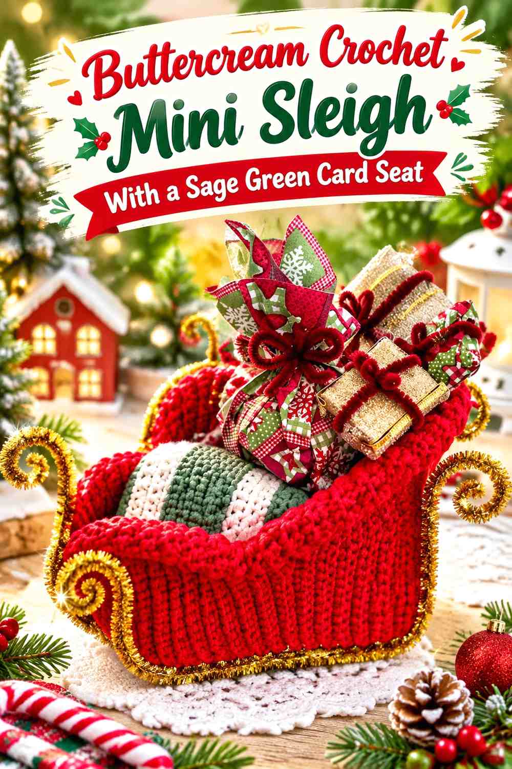 Buttercream Crochet Mini Sleigh With a Sage Green Card Seat