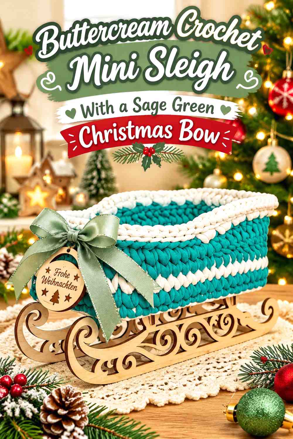 Buttercream Crochet Mini Sleigh With a Sage Green Christmas Bow