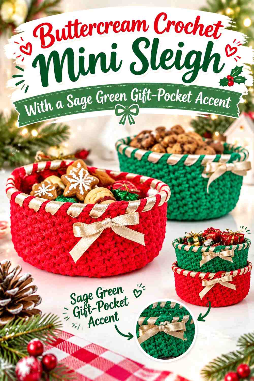 Buttercream Crochet Mini Sleigh With a Sage Green Gift-Pocket Accent