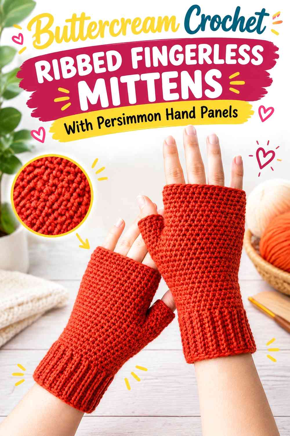 Buttercream Crochet Ribbed Fingerless Mittens With Persimmon Hand Panels