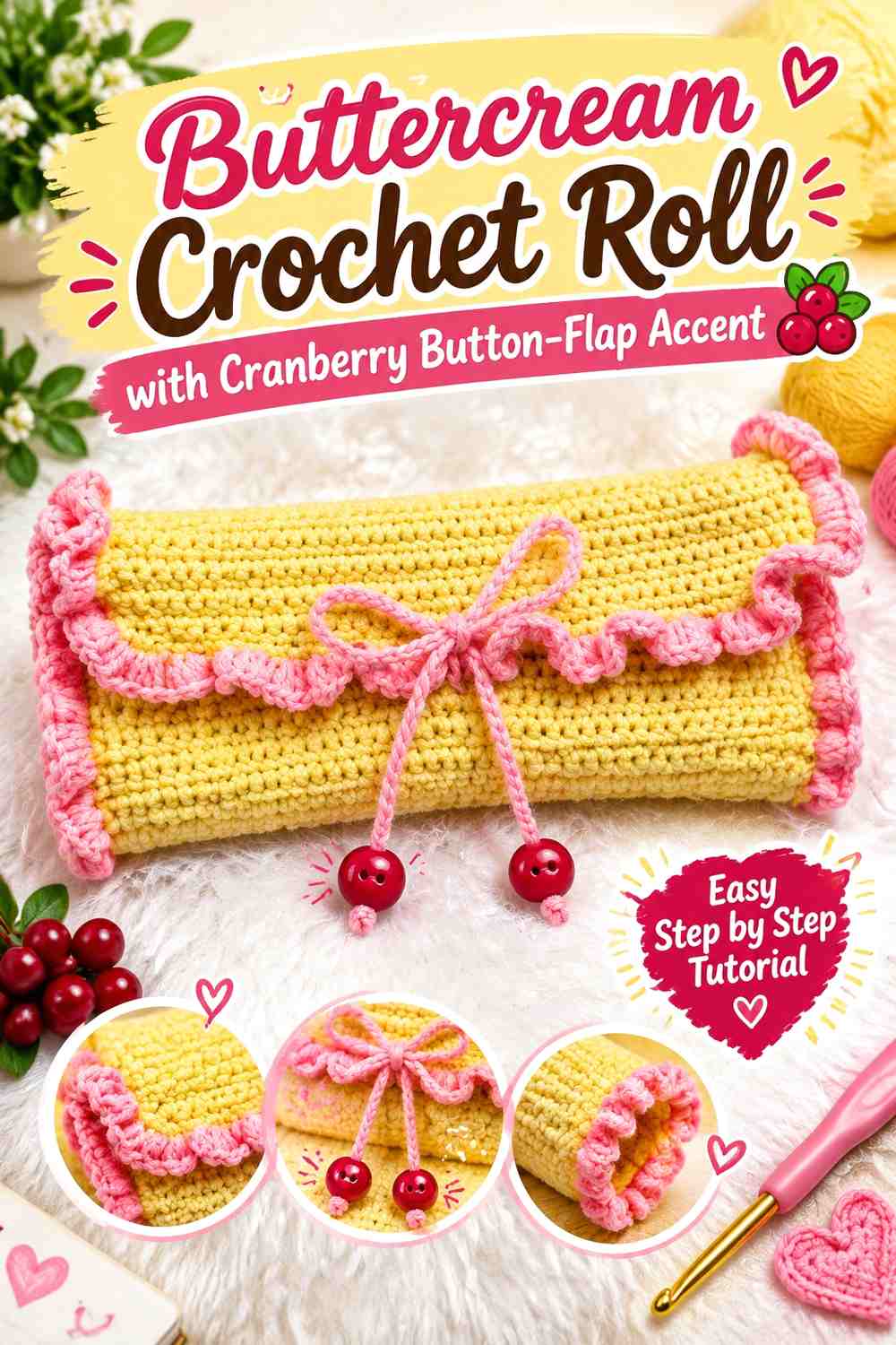Buttercream Crochet Roll with Cranberry Button-Flap Accent