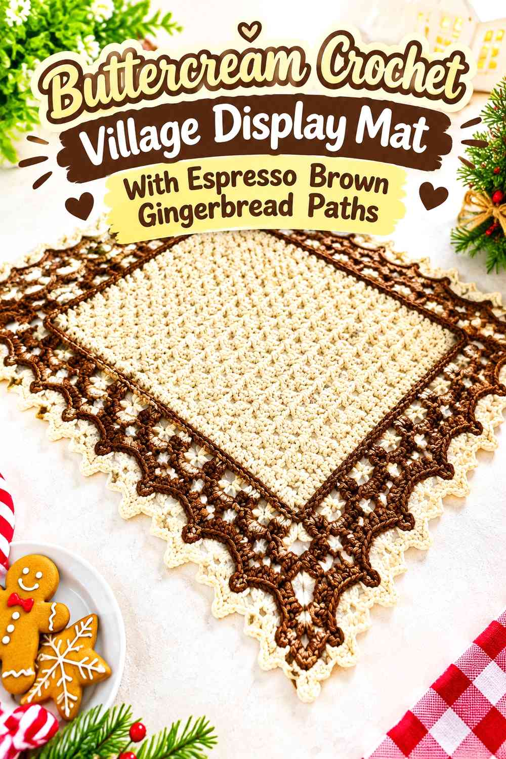 Buttercream Crochet Village Display Mat With Espresso Brown Gingerbread Paths