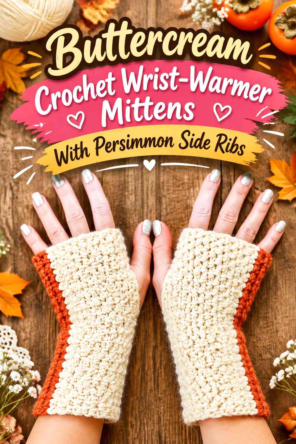 Buttercream Crochet Wrist-Warmer Mittens With Persimmon Side Ribs