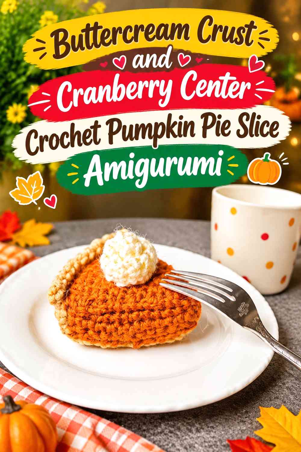 Buttercream Crust and Cranberry Center Crochet Pumpkin Pie Slice Amigurumi