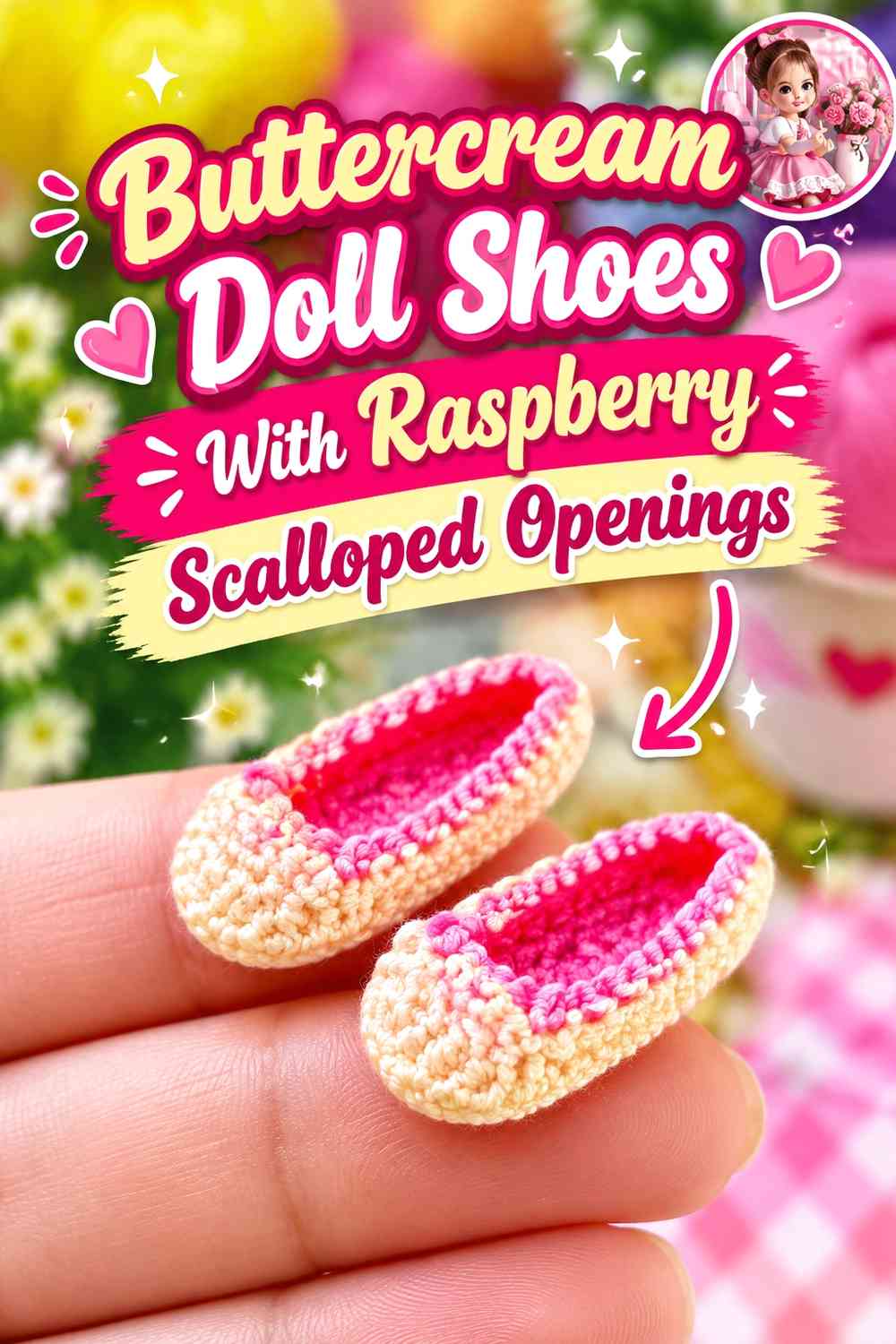 Buttercream Doll Shoes With Raspberry Scalloped Openings