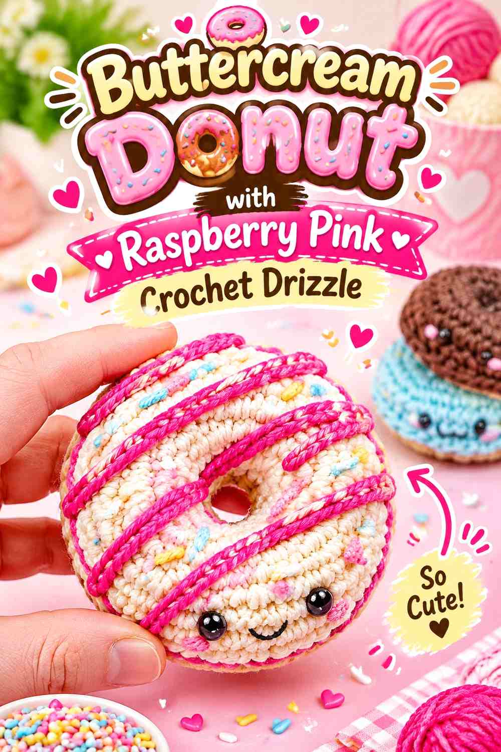 Buttercream Donut with Raspberry Pink Crochet Drizzle