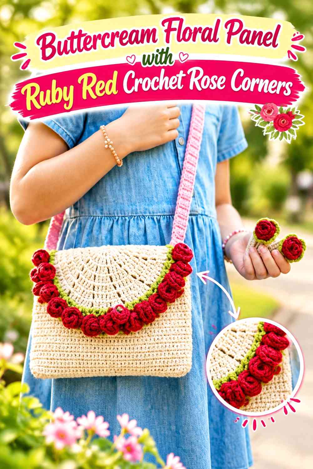 Buttercream Floral Panel with Ruby Red Crochet Rose Corners