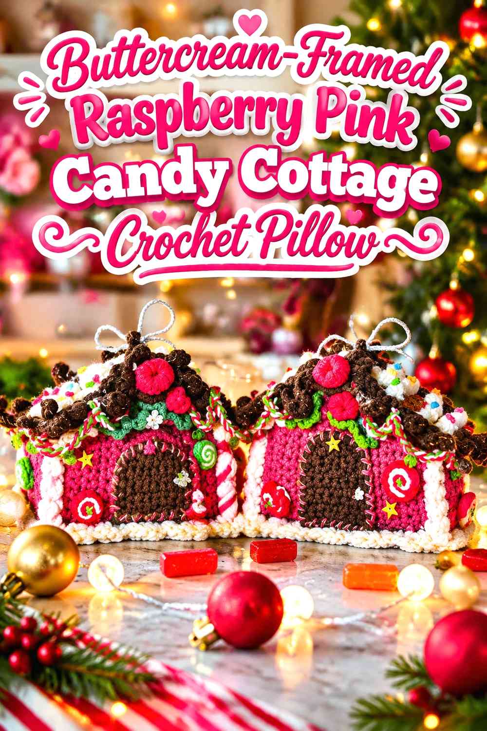Buttercream-Framed Raspberry Pink Candy Cottage Crochet Pillow