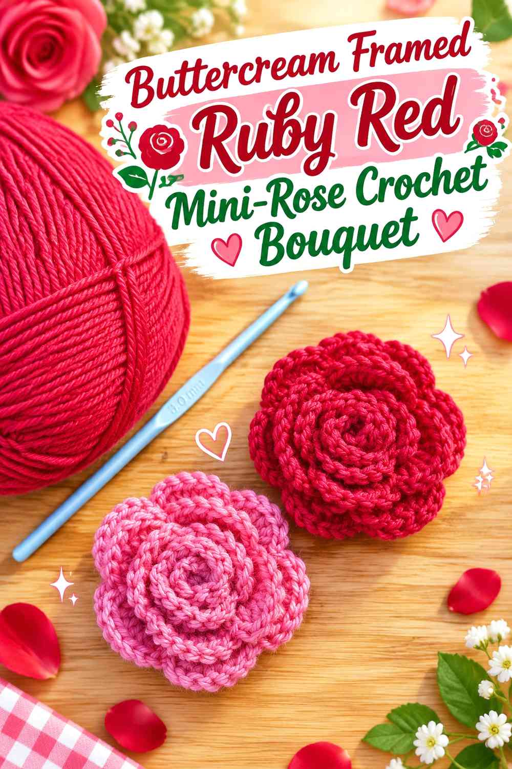 Buttercream Framed Ruby Red Mini-Rose Crochet Bouquet
