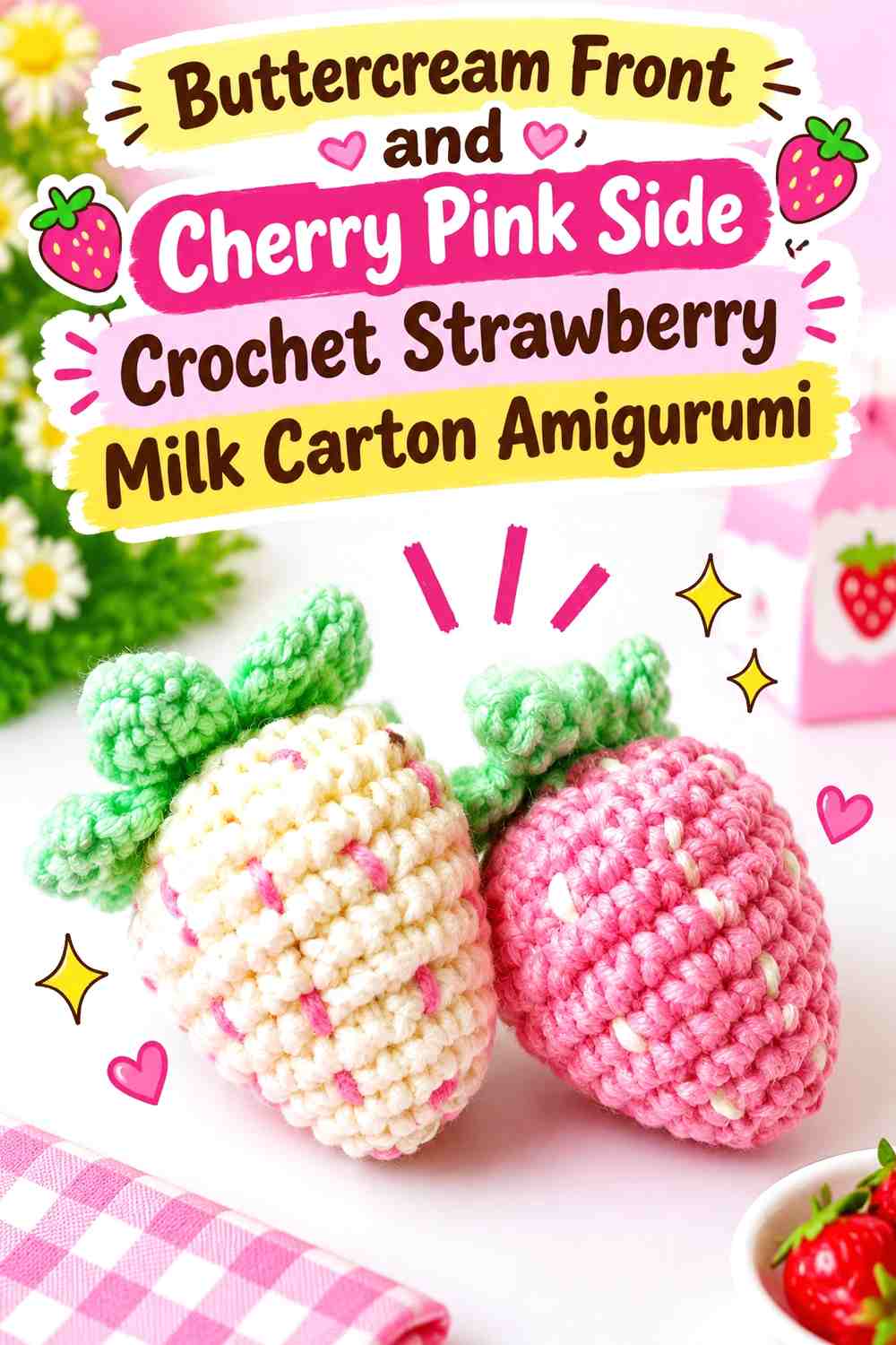 Buttercream Front and Cherry Pink Side Crochet Strawberry Milk Carton Amigurumi
