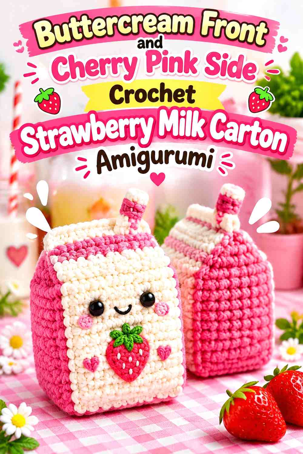 Buttercream Front and Cherry Pink Side Crochet Strawberry Milk Carton Amigurumi