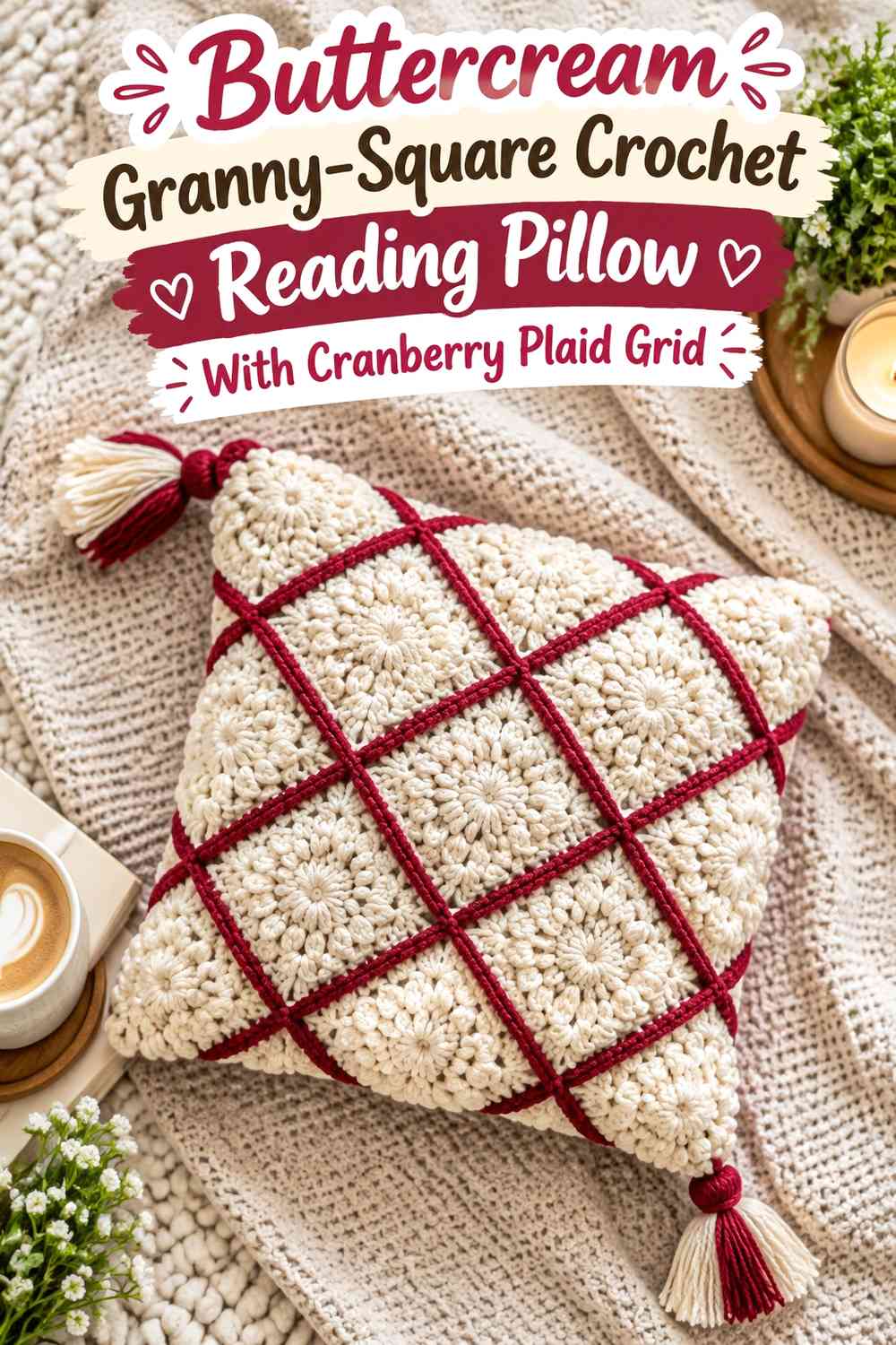 Buttercream Granny-Square Crochet Reading Pillow With Cranberry Plaid Grid