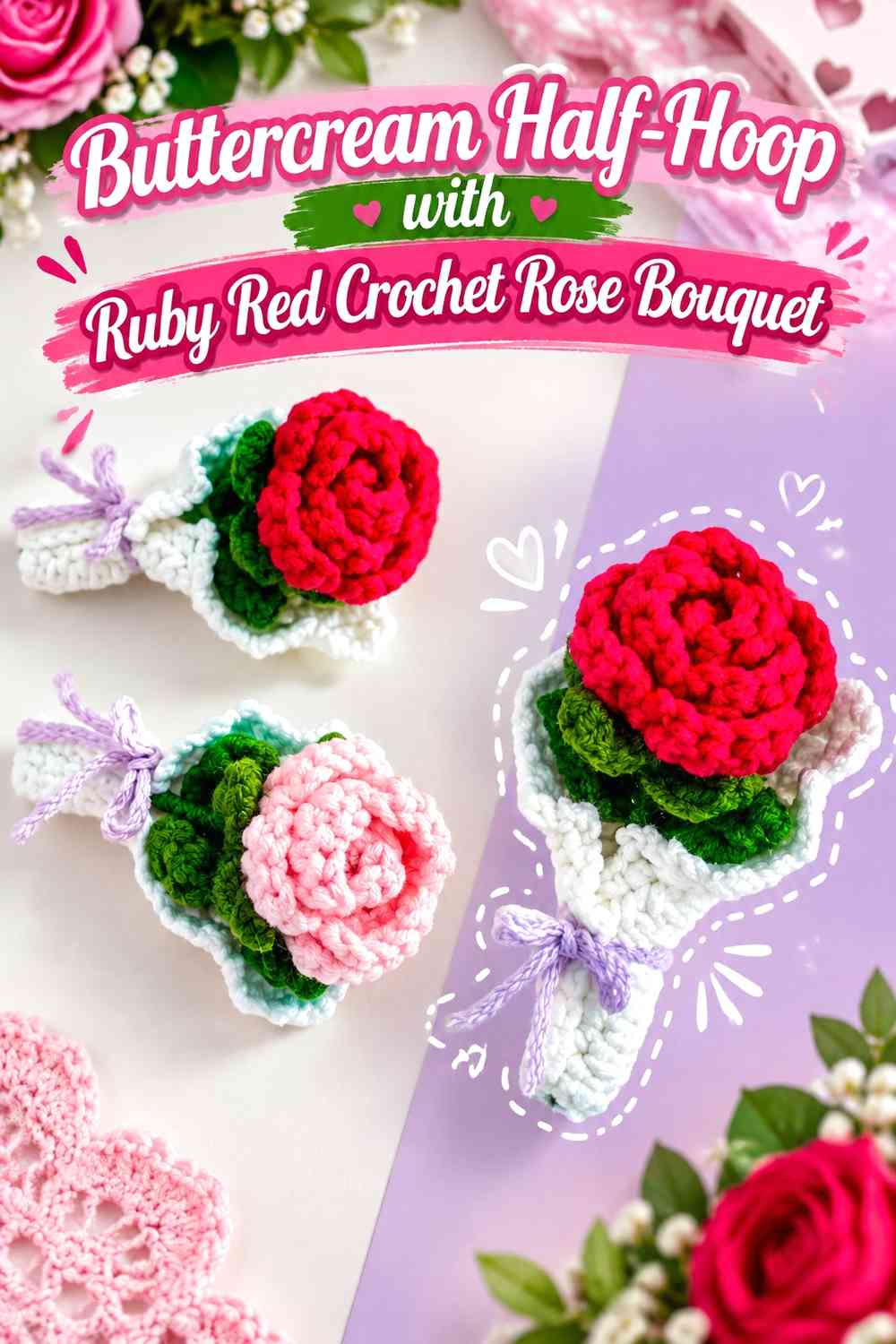 Buttercream Half-Hoop with Ruby Red Crochet Rose Bouquet