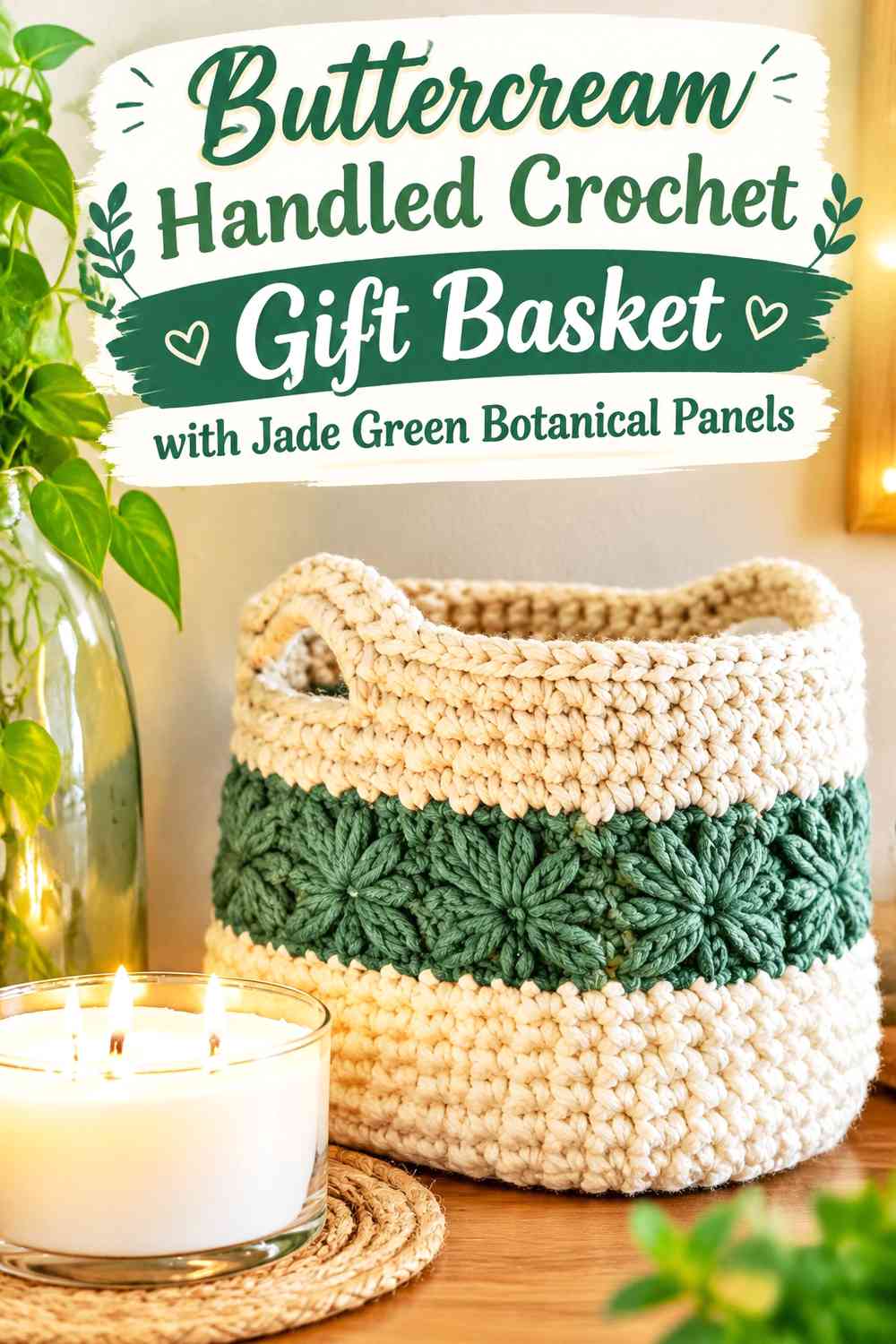 Buttercream Handled Crochet Gift Basket with Jade Green Botanical Panels