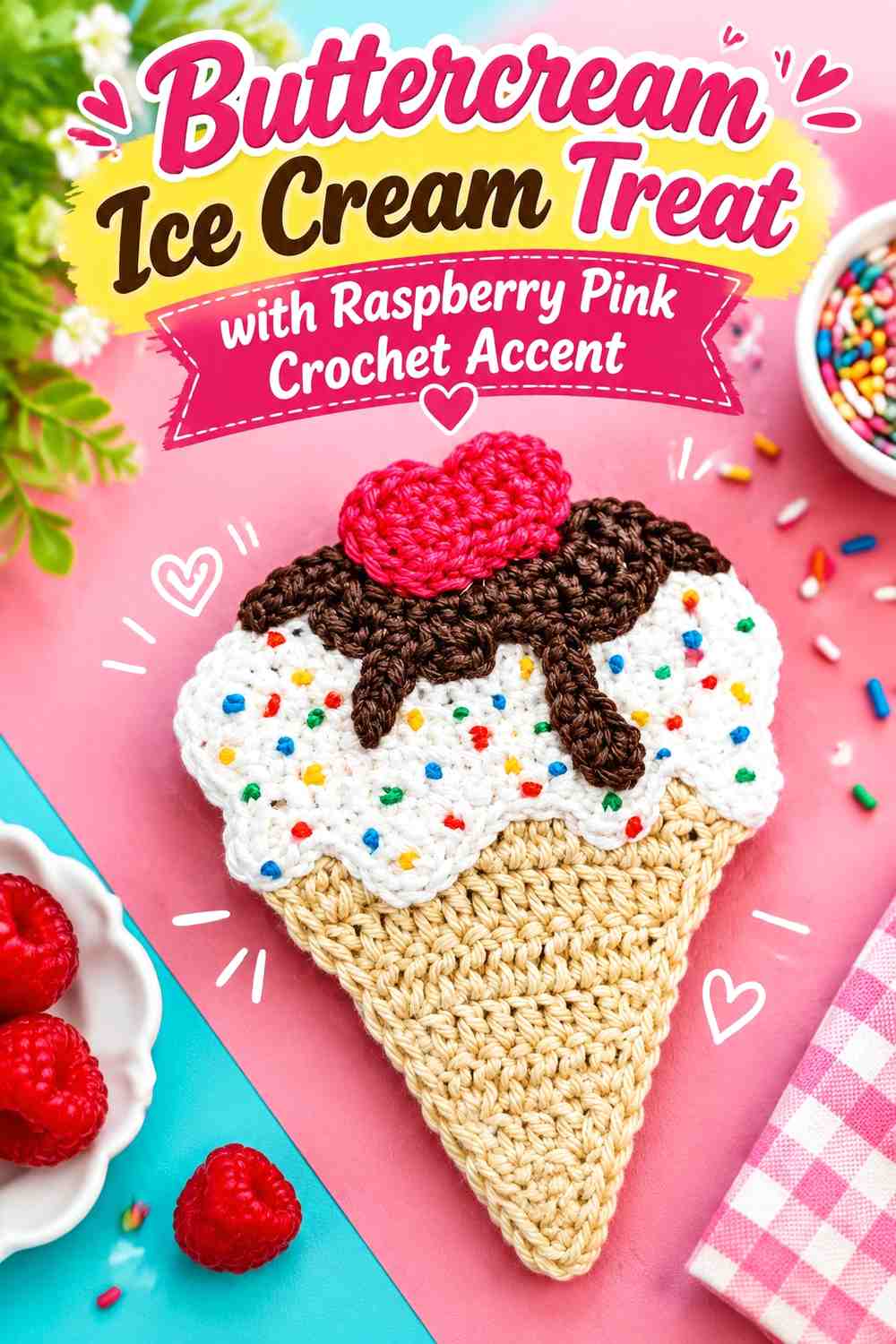 Buttercream Ice Cream Treat with Raspberry Pink Crochet Accent