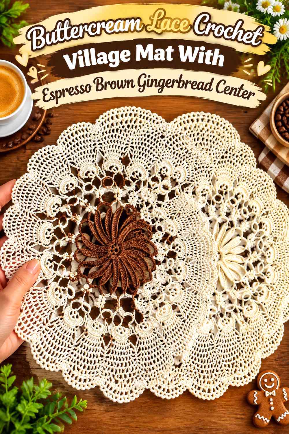 Buttercream Lace Crochet Village Mat With Espresso Brown Gingerbread Center